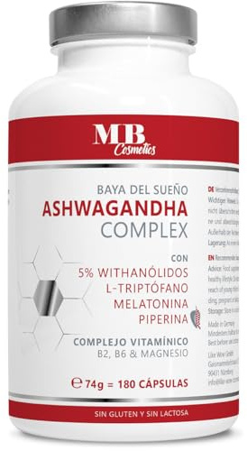 Ashwagandha Kapseln hochdosiert - 180 vegane Kapseln mit KSM-66 Wurzelextrakt, 5 % Whitanolide, Tryptophan, Melatonin, Magnesium - aus der indischen Schlafbeere, laborgeprüft, Made in Germany