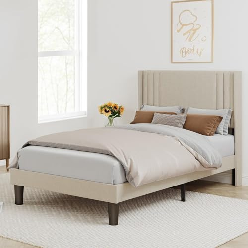 Bealife Polsterbett 120 x 200 cm mit Lattenrost – Stabiles Bettgestell aus Holz & Metall, Gepolstertes Doppelbett mit Kopfteil für Schlafzimmer & Jugendzimmer (Beige, 120x200cm)