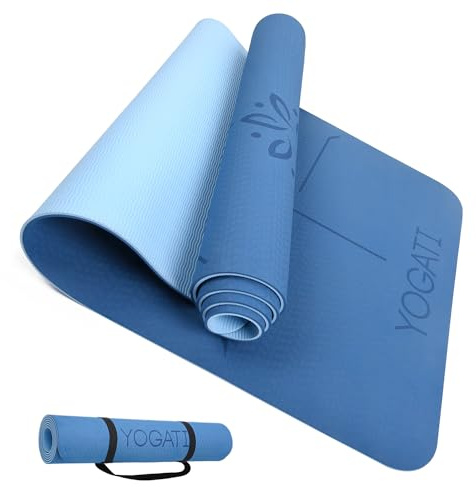 YOGATI Yogamatte rutschfest Schadstofffrei, mit Tragegurt. Yoga Matte mit Ausrichtungslinien. Ideal Yogamatten als Gymnastikmatte, Sportmatte, Fitnessmatte, Jogamatte - Yoga mat