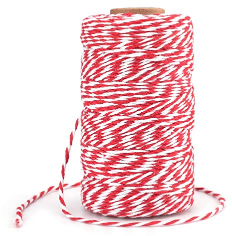 G2PLUS Rot Weiß Baumwollschnur, 2mm Geschenkschnur zum Einpacken von Geschenken, 100m Weihnachten Bastelschnur, Zweifarbige Dekoband Kordel für Adventskalender Weihnachten Geschenke Verpackt