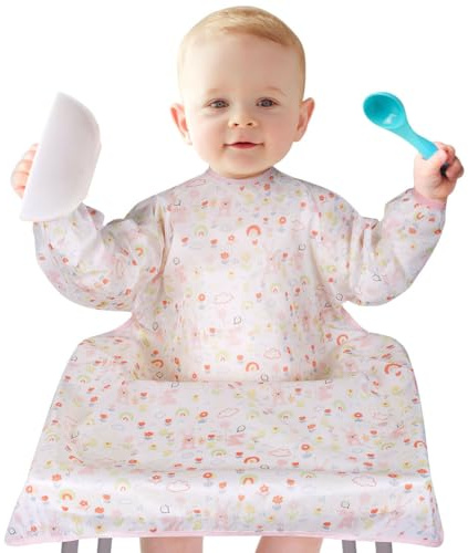 Vicloon Lätzchen mit Ärmeln Baby Ärmellätzchen Befestigt Sich an Ihrem Hochstuhl, Baby Lätzchen mit Ärmeln Wasserdicht für Jungen Mädchen Kleinkind Fütterung Lätzchen Schürze-Hasen