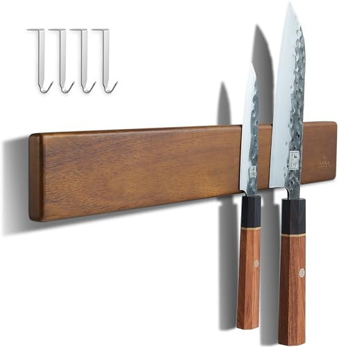ENOKING Magnetleiste Messer 40 cm, Messerblock Magnetisch ohne Messer, Magnet Messerhalter aus Akazienholz mit 4 Haken