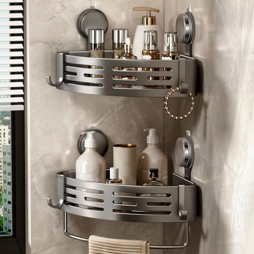 Voldra Duschablage Ohne Bohren, Duschregal Ecke Saugnapf Badezimmer Regal Wand Duschkorb mit Handtuchhalter Eckregal Bad Ablage Dusche Metall Regal Duschkorb Ohne Bohren(2 Stück, Grau)