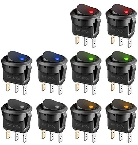 BUYGOO 10PCS Wippschalter 12V Rund Kippschalter KFZ Schalter 12V beleuchtet, DC 12V 20A LED Auto Wippschalter KFZ Ein Aus Schalter 3 Polig mit 5 LED Farbe