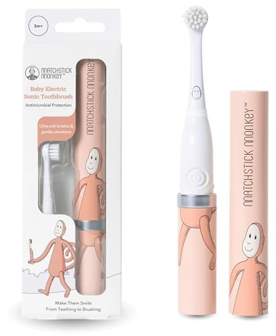 Matchstick Monkey Baby Elektrische Zahnbürste - Sanfte Reinigung für Babys & Kleinkinder - 3-36 Mon. - ultraweiche Borsten & BioCote® Schutz - Schallzahnbürste - inkl. Batterie (altrosa)
