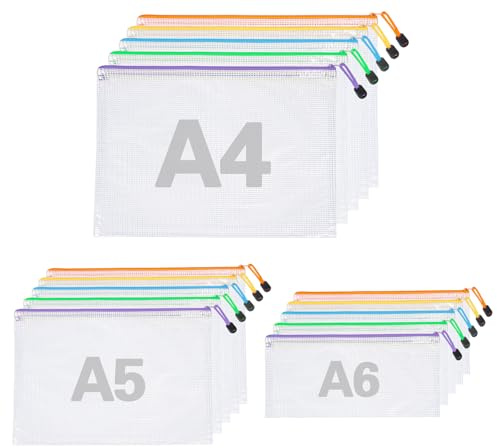 RUACDIQ 15 Stück Dokumententasche A4, A5, A6, 5 Farben, Wasserdichte Dokumentenmappe, Transparente Zipper Beutel für Datei, Kosmetik, Bürobedarf, Rechnung, Schule & Reise