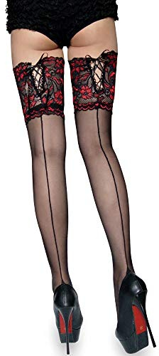 krautwear Damen Straps Strumpfhose Strümpfe Halterlos Strapsstrümpfe Spitze (Schwarz-BL2130)