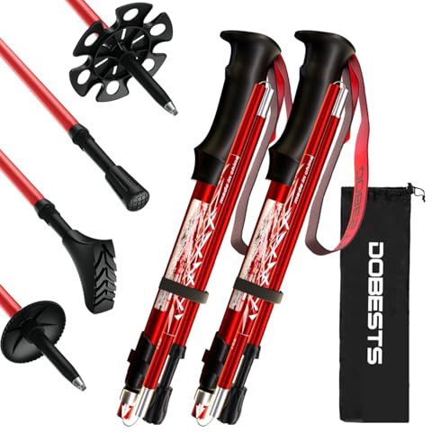 DOBESTS Wanderstöcke, Nordic Walking Stöcke Aluminium, mit extra Gummipuffer und Tragebeutel, Faltbare Leichte Trekkingstöcke für Damen und Herren, Wanderstock Verstellbar 110cm-130cm (Rot Premium)