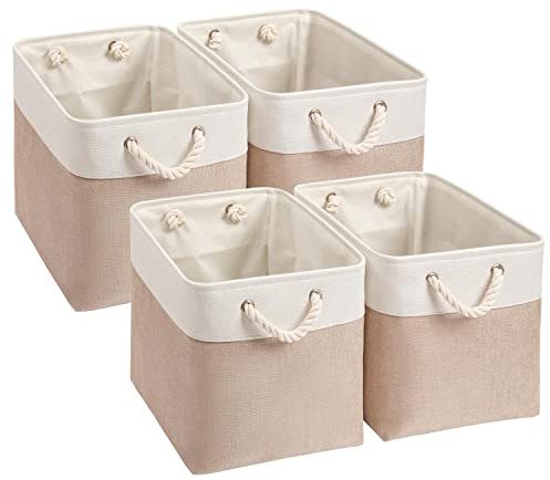 Mangata Aufbewahrungsbox,(33x38x33cm) Aufbewahrungskorb Stoff, Box in Würfel für Schrank, Regal, und Kleidung(khaki weiß, 4er Pack)