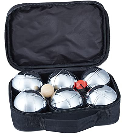 Relaxdays Boule Set, 6 Boccia Kugeln aus Metall, Zielkugel & Abstandsmesser, Petanque mit Tragetasche, Silber/schwarz