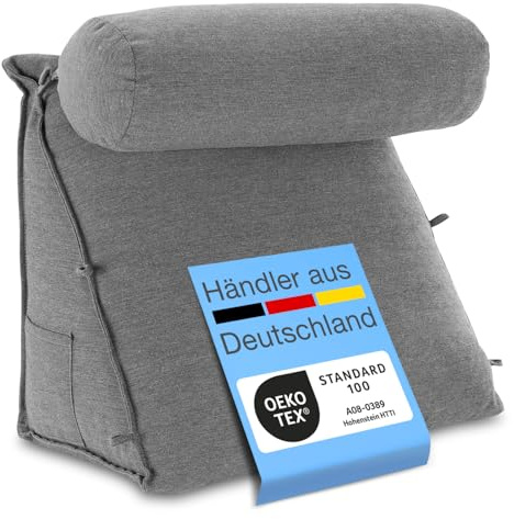 ELONEO Rückenkissen 50 cm breit mit Verstellbarer und Abnehmbarer Nackenrolle, Keilkissen für Bett und Sofa geeignet, dreieckiges Lesekissen, Kissen mit waschbarem Bezug, praktisches Seitenfach
