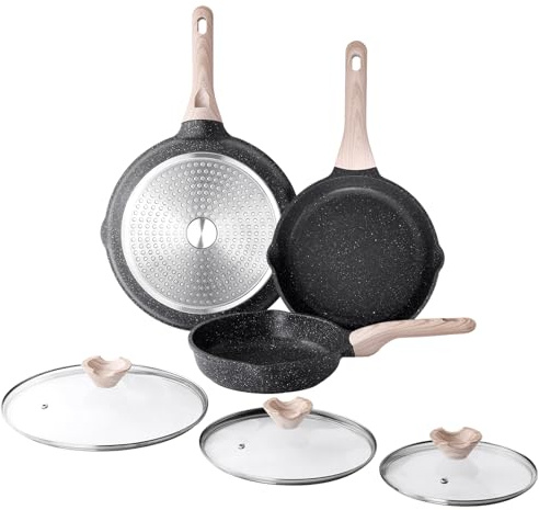 Kordisen 3-teiliges Bratpfannen-Set mit Deckel 20/24/28 cm, Granit Beschichtung Induktion Pfanne, Gesunde Stein Antihaft Kochgeschirr, PFOA Frei