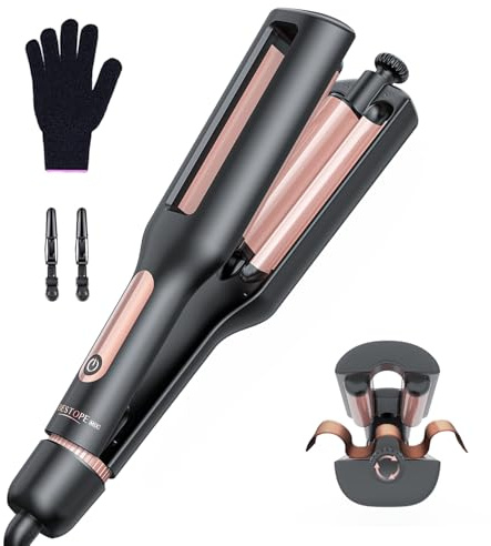 4 In 1 Einstellbar Welleneisen für Haare - 22/25/32/38mm Lockenstab für Beach Waves/Natürlich Wellen/Wasserwellen/Mermaid Waves, Anzeige, 4 Temperaturen(140-210°C), 3 Fässer Welleneisen, Schwarz Rose