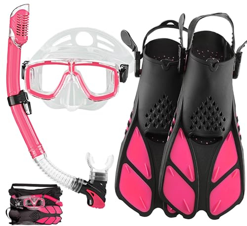 HH HHAO SPORT Schnorchelset Erwachsene mit Flossen,Schnorchelausrüstung in Reisegröße mit Kurzen Verstellbaren Schwimmflossen, Hochwertige Tauchermaske und Dry Top Schnorchel, mit Tragetasche