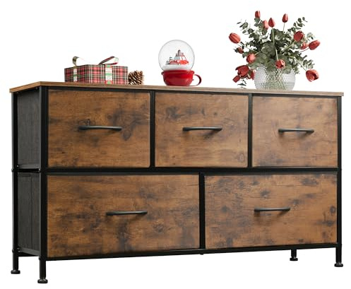 WLIVE Kommode mit 5 Schubladen aus Stoff, Kommodenschrank für Schlafzimmer, Kommode Wohnzimmer, mit Stabiler Stahlrahmen, Vintagebraun-Schwarz