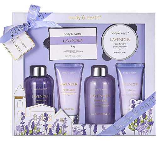 BODY & EARTH Lavendel Geschenke für Frauen 6 tlg, Geburtstagsgeschenk für frauen,Duschgel, Körperbutter, Handcreme, Badeset Geschenk wellness set, Muttertag
