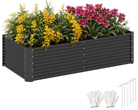 DWVO Hochbeet Metall 180x90x60cm mit Handschuhen, Gartenhochbeet aus Stahl, Rostfrei & Wetterfest, Stabiles verzinktes Beet mit Sicherheitsgummi für Gemüse Blumen Obst, Schwarz