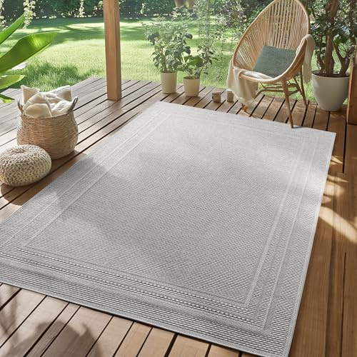 SIMPEX Outdoor Teppich Grau 160x230 cm Wetterfest UV-beständig Pflegeleicht Einfarbiges Design mit Bordüre für Küche Balkon Terrasse Garten Wohnzimmer