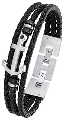 s.Oliver Armband für Herren Anker, Leder / Edelstahl, IP Schwarz, Länge: 20-21,5 cm