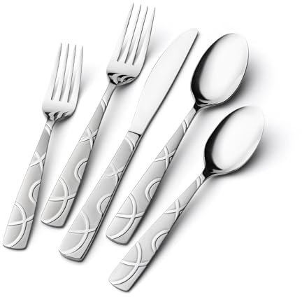 HIKAA Besteck Set 6 Personen, Modernes Edelstahl 30-Teiliges Besteckset | Essbesteck für die Küche, Hochglanzpoliertes Cutlery Set mit Gabeln, Löffeln und Messern, Spülmaschinenfest(Silber)