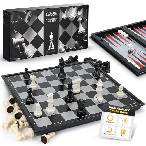 Gibot Schachspiel Magnetisch, 3-in-1 Schach mit Dame & Backgammon | Einklappbar Schachbrett für Reise,Schwarz und Weiß 32 × 32 cm,Ideales als Geschenk für Anfänger Erwachsene Familie