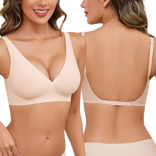 UMIPUBO BH Rückenfrei Damen Ohne Bügel Rückenfreier Starker Halt Push Up Seamless Neckholder Top Bustier Bügelloser V-Ausschnitt Multiway Träger Nahtloser Bra Bralette Vollschalen (Hautfarben, L)