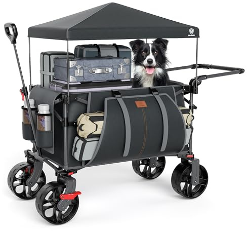 EVER ADVANCED XXL Bollerwagen faltbar 225L bis 150kg mit Bremse Dach Handwagen schieben&ziehen klappbar Strandwagen 20 * 8cm breite Räder Faltwagen für Camping Strand Einkauf Tier Grau Groß