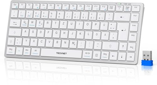 TECKNET Bluetooth Tastatur Kabellos Wiederaufladbare (2,4G+BT5.0) | Einfacher Bis zu 4 Geräten,Funktastatur Mini Tastatur Leise, Deutsches Layout QWERTZ Ultraslim für PC, Laptop, Tablet