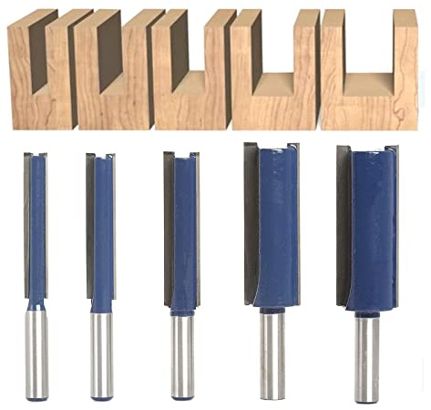 5 tlg. Nutfräser Set für Oberfräse, 8 mm Schaft, Ø 8/10/12/18/20 mm | 50 mm Schneidenlänge, Hartmetallschneiden für präzise Nuten, Falzen und Einfräsen in Holz