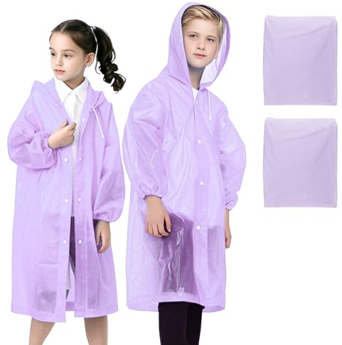 WOHSEROM 2 Stück Regenponcho Kinder, Wiederverwendbar Wasserdicht Regencape mit Kapuze und Ärmeln, Atmungsaktiv Regenmantel Regenjacke aus EVA für Jungen Mädchen Outdoor Camping Reisen (Lila)