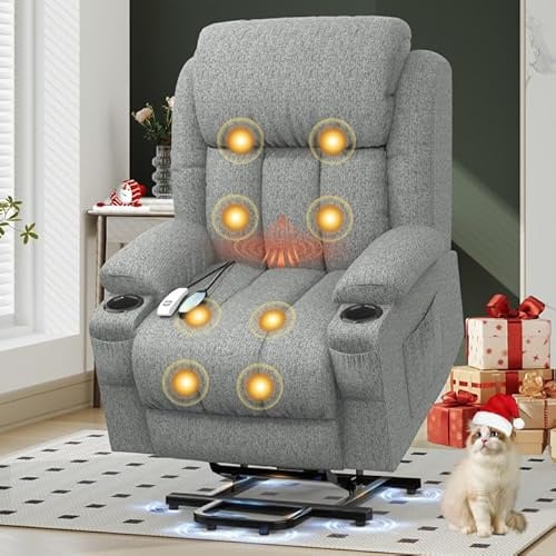 YONISEE Fernsehsessel Massagesessel Elektrisch Relaxsessel mit Liegefunktion Aufstehhilfe, Massage Heizung, Fußteil, Getränkehalter 4 Seitentaschen,TYP C & USB-Anschlüsse Leder Sessel Wohnzimmer