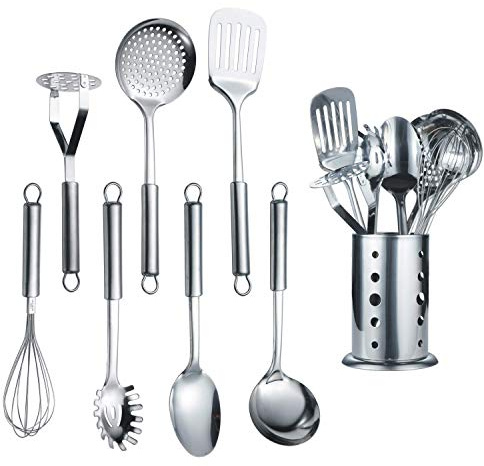 Berglander Edelstahl Kochset 7 teilig mit 1 Ständer, Kochlöffel-Set aus Edelstahl, geschlitztem Tuner, Schöpfkelle, Abschäumer, Servierlöffel, Pasta Server, Kartoffel-Mäher