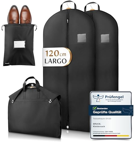 Bruce.® 2x Kleidersack Kurz 120x60 cm inkl. 1x Schuhbeutel – 120 GSM Hochwertige Kleiderhülle für Anzug, Blazer, Kostüm & Kleid – Anzugtasche für Reisen & Aufbewahrung - Kleidersäcke herren - Schwarz