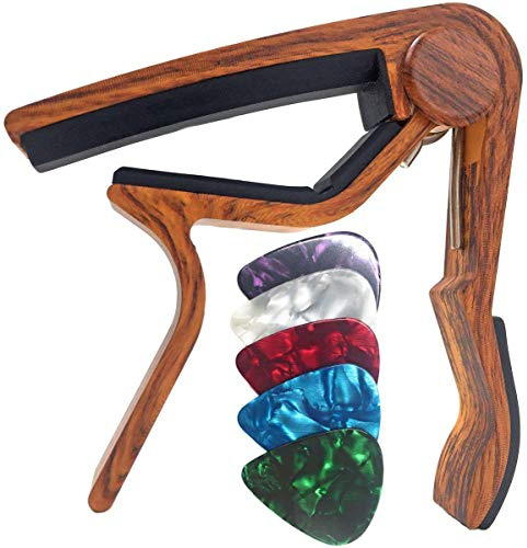 WINGO Kapodaster für Gitarre, Westerngitarre, Akustikgitarre, E-Gitarre, Ukulele mit 5 Plektren-HolzFarbe (Metall)