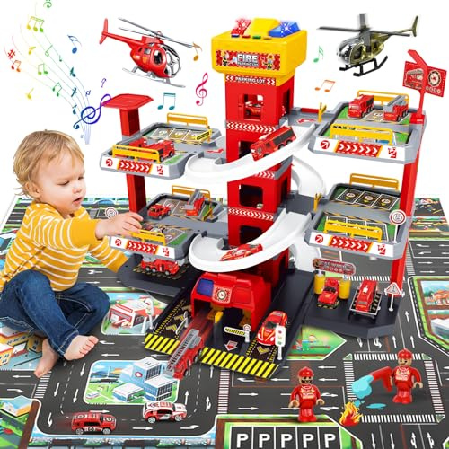 FORMIZON 5 Stockwerke Parkhaus für Kinder, Parkgarage Feuerwehr und Polizei mit Garage, Rampen, Aufzug, Tankstelle, Licht & Sound, Spielzeug Parkhaus mit 12 Autos und 3 Hubschrauber für Kinder (Rot)