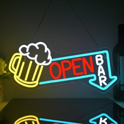 Looklight Bar Open Neon Schild Bier leuchtschild Bar für Bierstube Dekor | Beer Neon Schriftzug Pfeile Bar Led Schild Cold Drinks Schild für Club,Nachtclub,Partys,Geschenk,Dimmable mit USB,24x42cm
