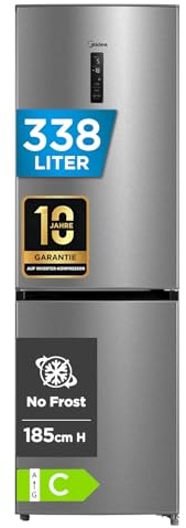 Midea MERB345MGC02 Kühl-/Gefrierkombination/No Frost/185 cm hoch / 59,5 cm breit /70 cm tiefe/171 kWh/Jahr/216 L Kühlteil/ 122 L Gefrierteil/Twin Control/mit Chiller Box, Front Inox