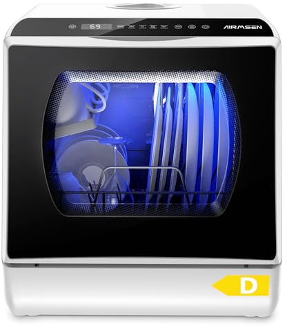 AIRMSEN Tischgeschirrspüler, Mini Geschirrspüler mit 5+1 Programme & 5L Wassertank, 2 Wege Wasserversorgung, Touch Control & LED-Display, Geeignet für Hausküchen, Wohnungen, Schlafsäle (Weiß&Schwarz)