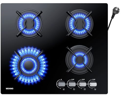 WEHIMO Gaskochfeld 4 Flammig, Glas Einbau-Gaskochfeld, 59cm, 7800W, 4 Kochzonen (3300W+1750W+1750W+1000W), 4 Zonen Gaskochfeld für Propangas und Erdgas, Schwarzes Glas, Geeignet für Alle Töpfe