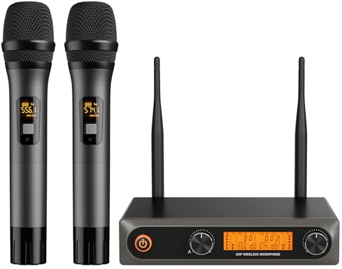Kabelloses Mikrofon, Funkmikrofon Set, Wireless Karaoke Mikrofon – 2 Handmikrofone mit Empfänger, 2×8 UHF Frequenzen, 60 m Reichweite, für Hochzeit, Party, Kirche, Vortrag, Konferenz, DJ, Heim-KTV