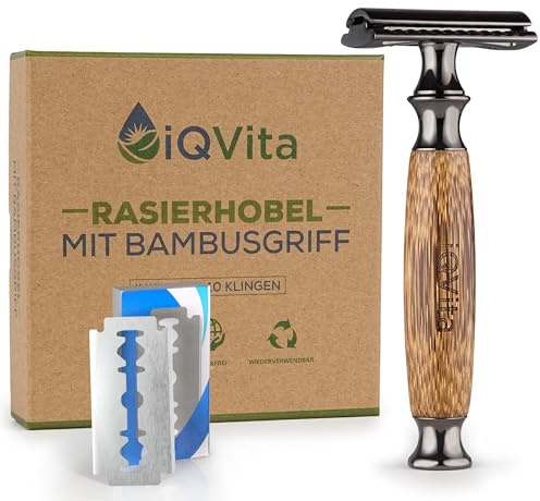 iQVita® Premium Rasierhobel mit Griff aus Bambus - inkl. 10 Rasierklingen - für Damen und Herren – Nassrasierer - geschlossener Kamm - Umweltfreundlich & Nachhaltig - Zero Waste - inkl. eBook