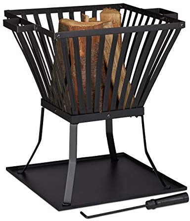Relaxdays Feuerkorb XL mit Schürhaken, Terrasse u. Garten Feuerschale mit Unterlage, für Holz, HBT 56x56,5x45cm, schwarz
