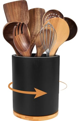 Utensilienhalter, 360° drehbar, aus Holz, wasserdicht, Küchenutensilienhalter, Vielseitigkeit für die Arbeitsplatte, bietet Platz für 10-15 Küchenutensilien