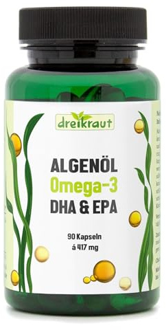 dreikraut Algenöl Omega-3 DHA & EPA, 90 vegane Kapseln | Monatspackung, 1251mg pro Tag, Deutsche Herstellung