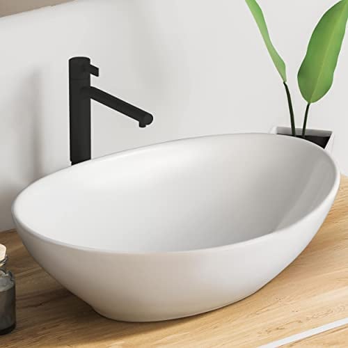 VMbathrooms Premium Waschbecken Oval mit Lotus-Effekt | 41x 33x 14,5 cm |Aufsatzwaschbecken für das Badezimmer und Gäste-WC | Waschschale ohne Hahnloch und ohne Überlauf | Rein-weißes Aufsatzbecken