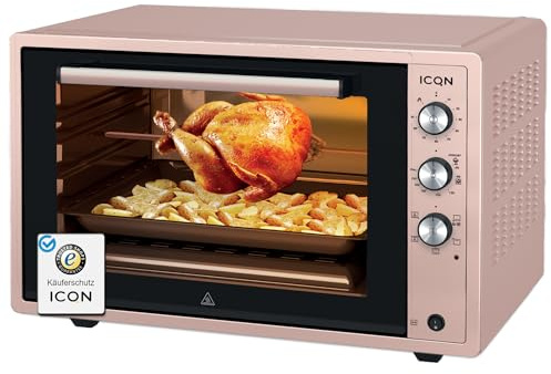 ICQN Minibackofen 60 Liter XXL mit Umluft, Drehspieß, Emailliert, Rosé