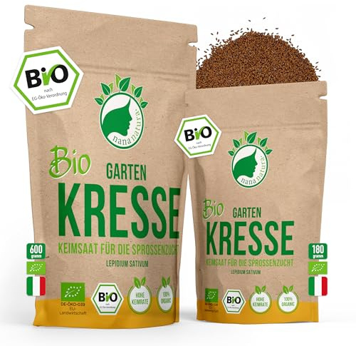 NanaNatura's Bio Kresse Sprossen Samen 600g VORTEILSPACK | Keimfähige Gartenkresse Saaten zur Sprossenzucht | Microgreens für die Keimschale | geprüft & abgefüllt in Deutschland