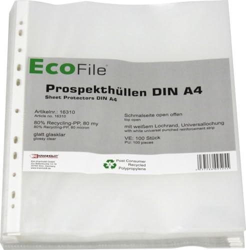 Prospekthülle A4 nachhaltig aus Post-Consumer-Recycling PP, mit Abheftrand, Schmalseite oben offen (100, 80my - Transparent glatt glasklar)