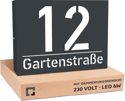 PRINTIMA LED Hausnummer 30x40 cm Anthrazit mit Gravur, 6W A++, 230V, beleuchtet mit Dämmerungssensor, wasserdicht, modernes Design, robust & stilvoll