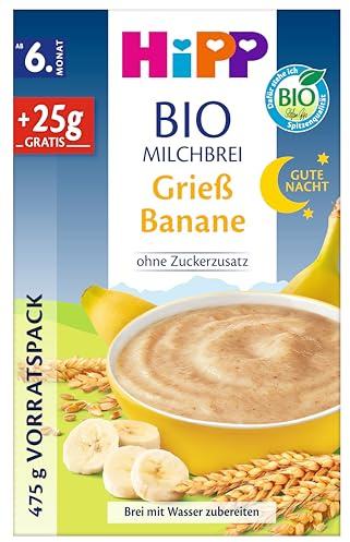 HiPP Bio Milchbrei Gute-Nacht Grieß Banane (4 x 475g), ab 6. Monat, ohne Zuckerzusatz, sanft zu Babys Bäuchlein